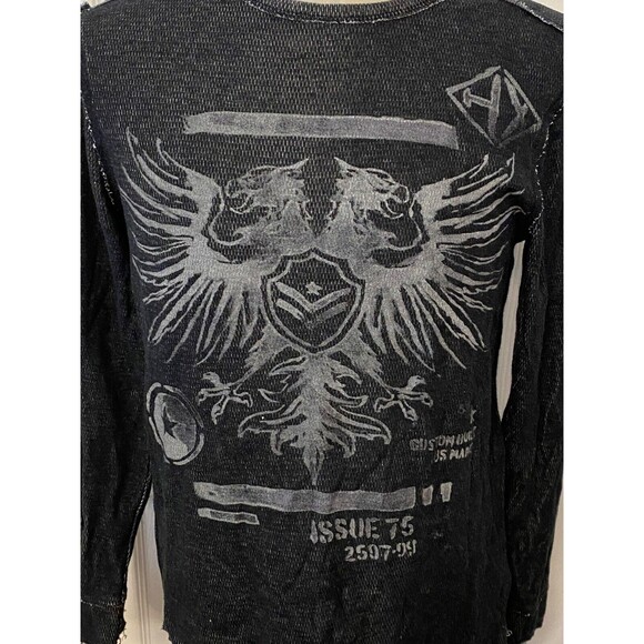 HELIX Men's M Thermal Shirt Gray Black Raw Hems Grunge Y2K Goth Skater MMA Crew - Picture 2 of 7